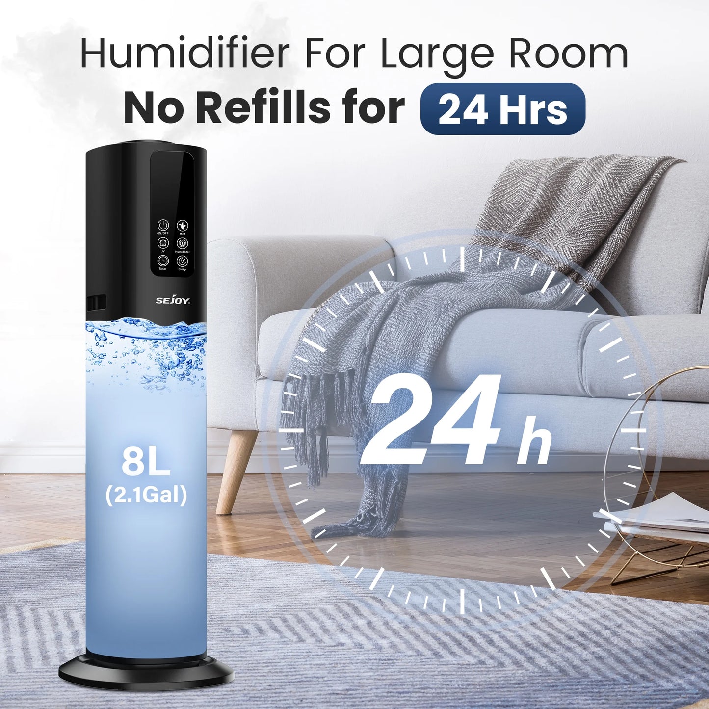 Humidifiers for Large Rooms, 8L/2.11Gal Top Fill Ultrasonic Floor Humidifiers for Bedroom, Remote Control, Humidity Setting, Quiet, Aroma Box