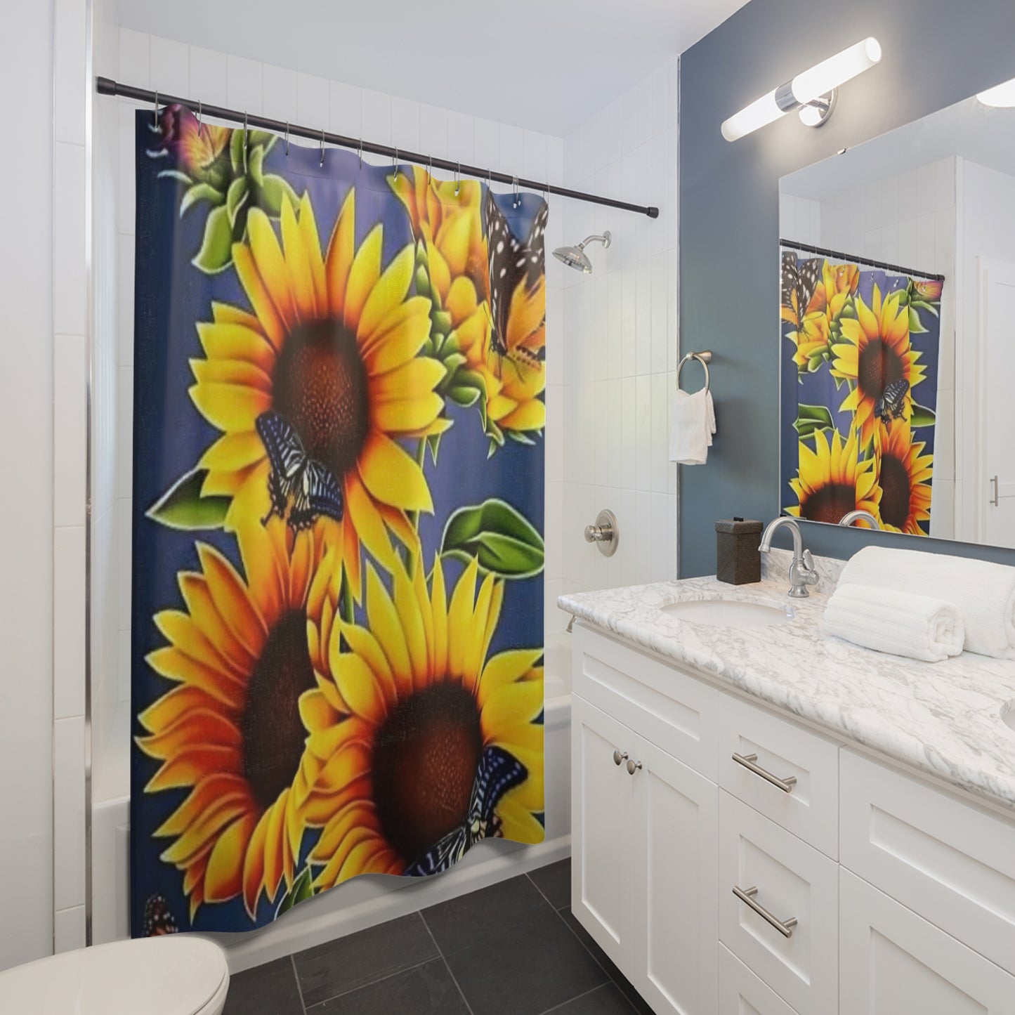 Vibrant Sunflower Shower Curtain with Butterflies - Floral Bathroom Decor