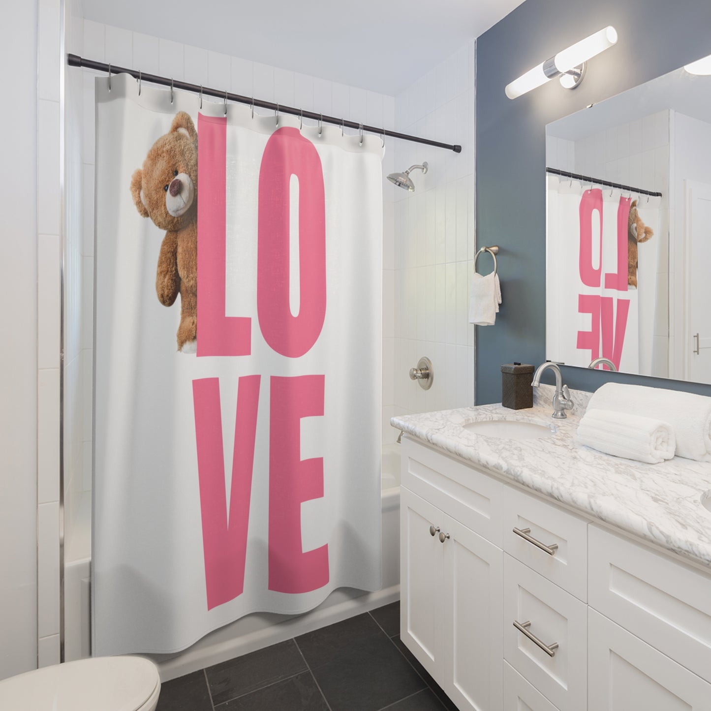 Cute Love Teddy Bear Shower Curtain - Bright Pink Design for Kids' Bathroom