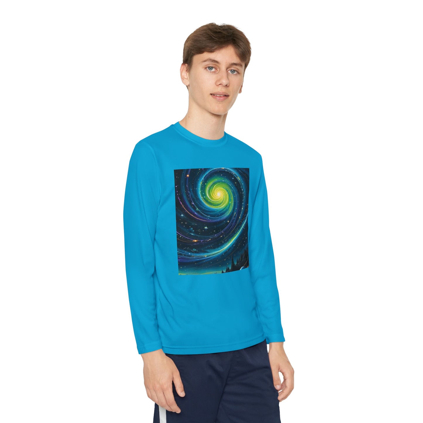 Galactic Youth Long Sleeve Tee, Cosmic Kids Shirt, Space Design Activewear, Perfect for Sports, Birthday Gift, Starry Nights