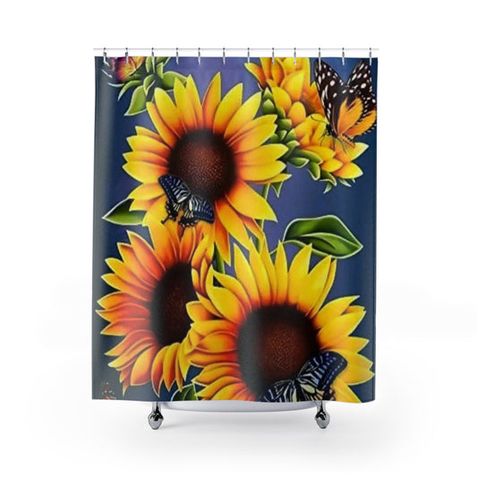 Vibrant Sunflower Shower Curtain with Butterflies - Floral Bathroom Decor