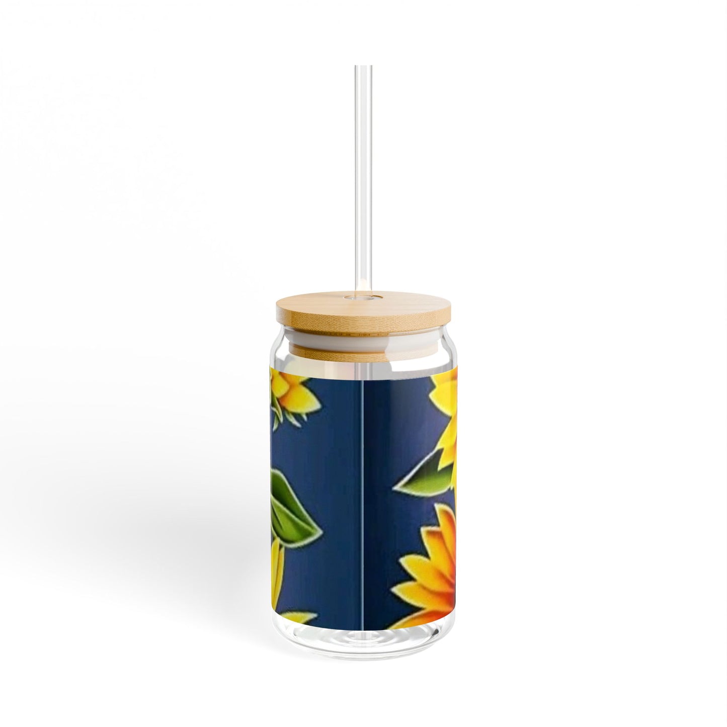 Sunflower-Themed 16oz Sipper Glass with Bamboo Lid - Eco-Friendly Drinkware