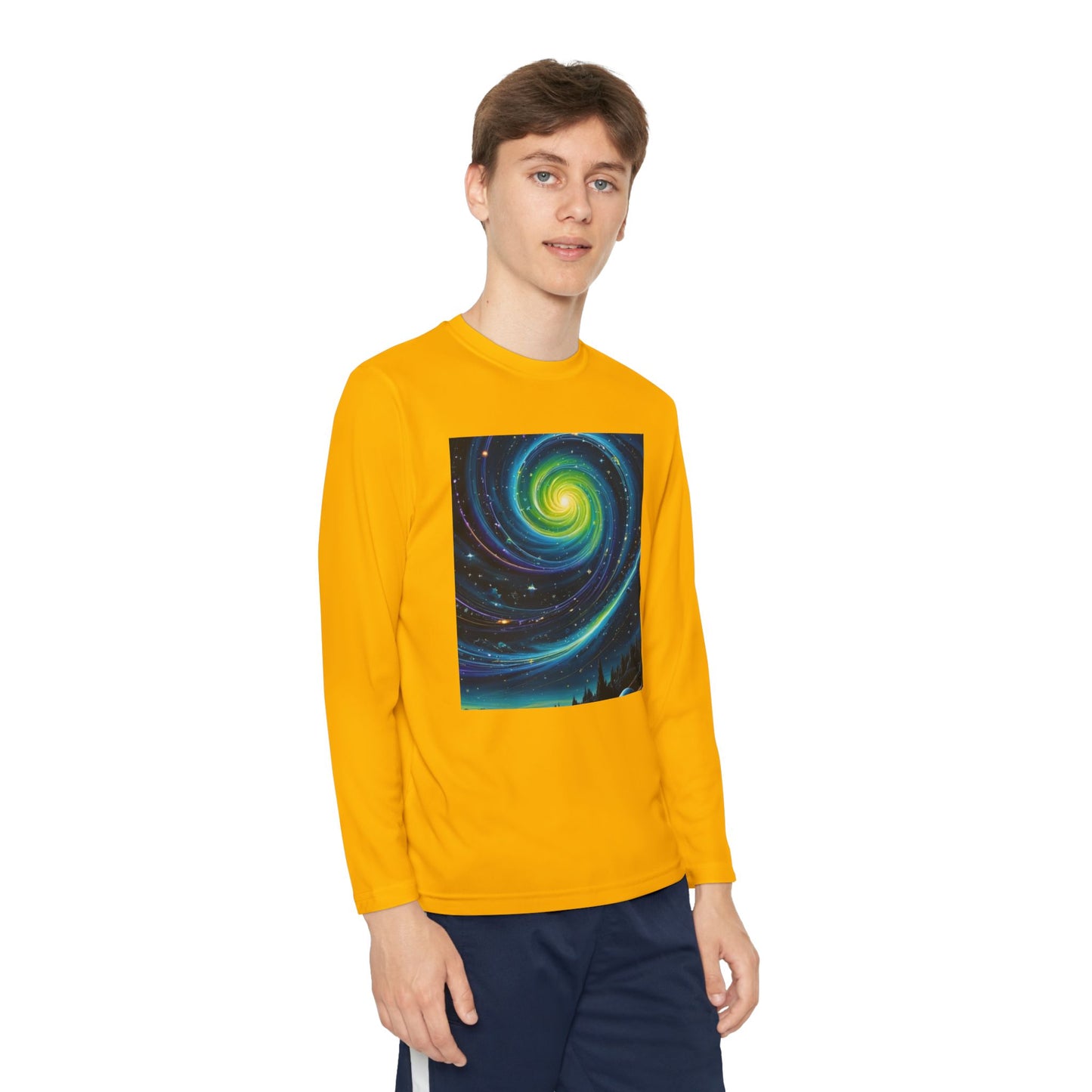 Galactic Youth Long Sleeve Tee, Cosmic Kids Shirt, Space Design Activewear, Perfect for Sports, Birthday Gift, Starry Nights