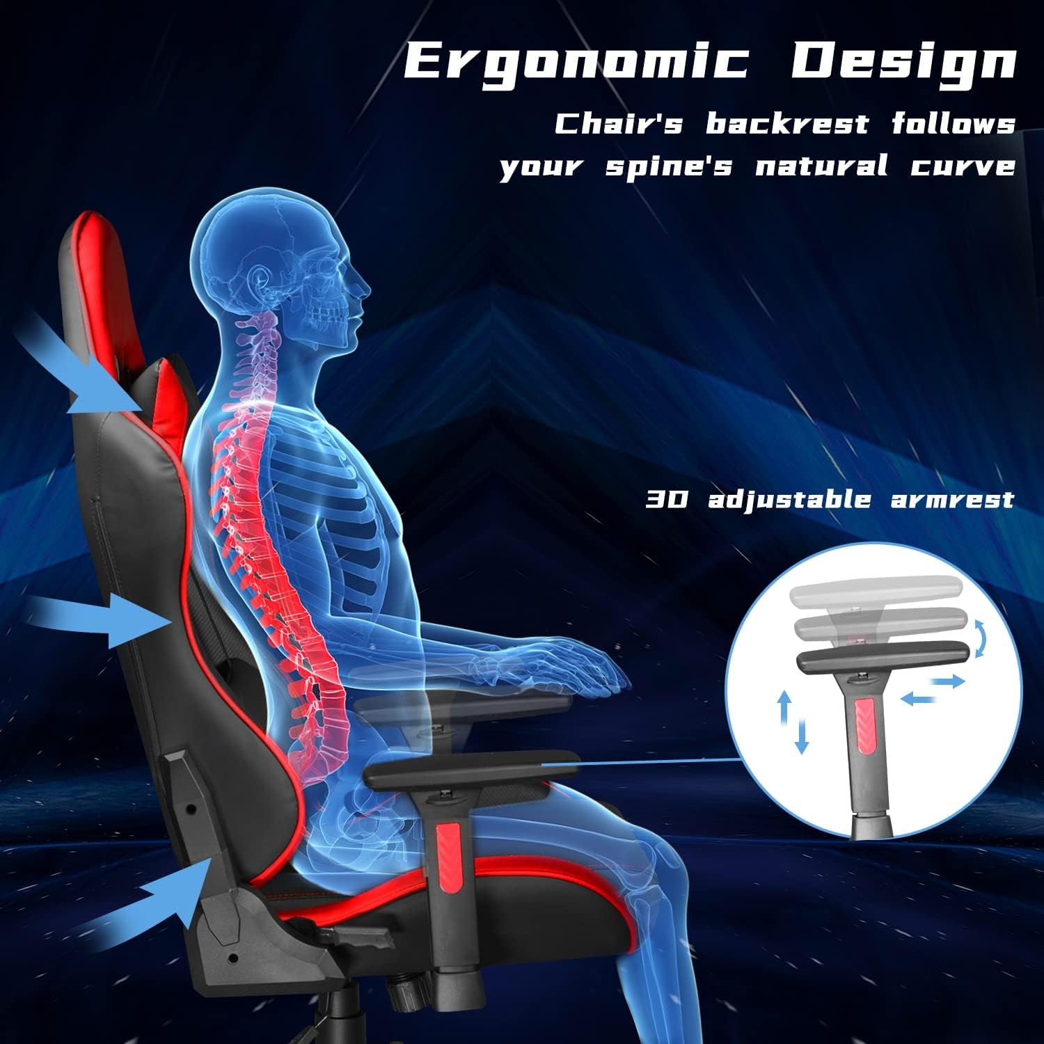 Ergonomic High Back Gaming Chair 400Lbs, Office Chair Computer Chair with Headrest Lumbar Support, Video Gaming Chair for Teens with Adjustable Armrest（Red）