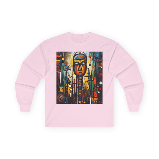 Artistic Unisex Long Sleeve Tee with Abstract Mask Design - Perfect for Casual Wear and Gift Giving