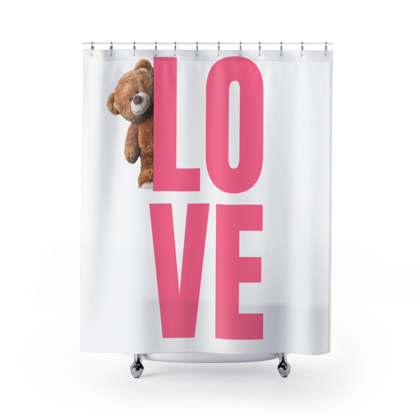 Cute Love Teddy Bear Shower Curtain - Bright Pink Design for Kids' Bathroom