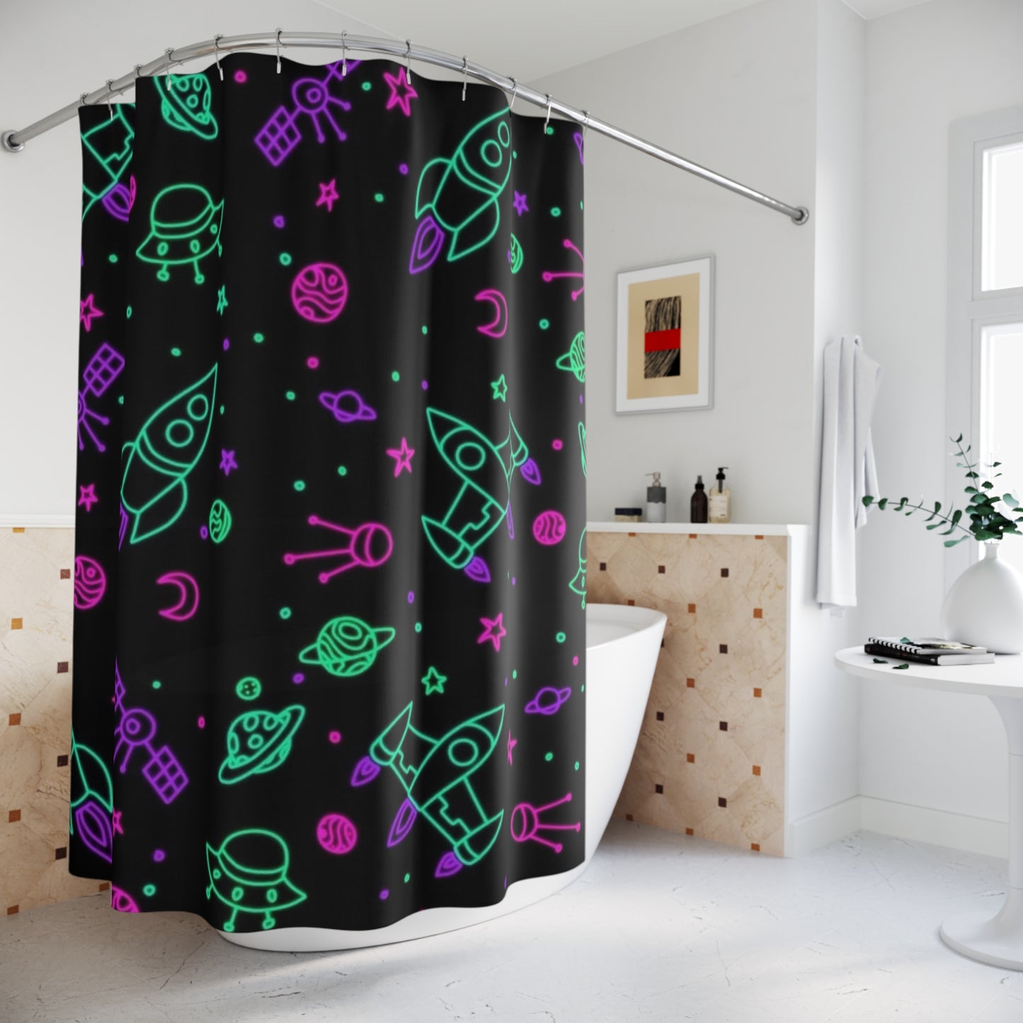 Galactic Adventure Shower Curtain - Colorful Space Theme for Kids' Bath, Gift for Astronaut Lovers