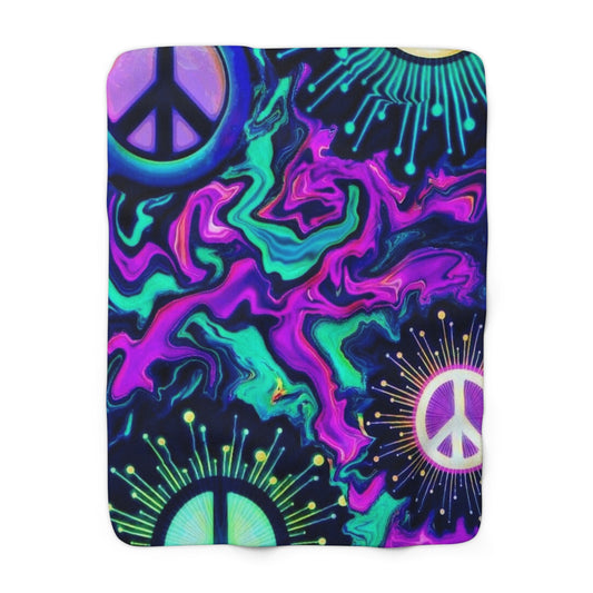 Vibrant Peace Sign Sherpa Fleece Blanket – Cozy Home Decor for Relaxation and Gifts