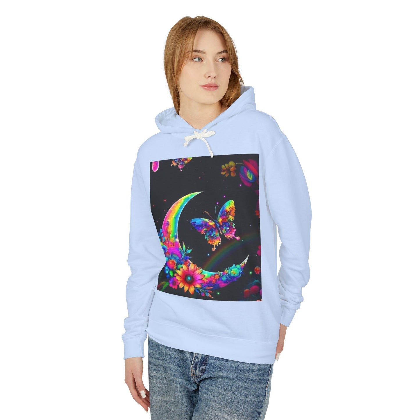 Colorful Floral Moon and Butterfly Unisex Lightweight Hoodie