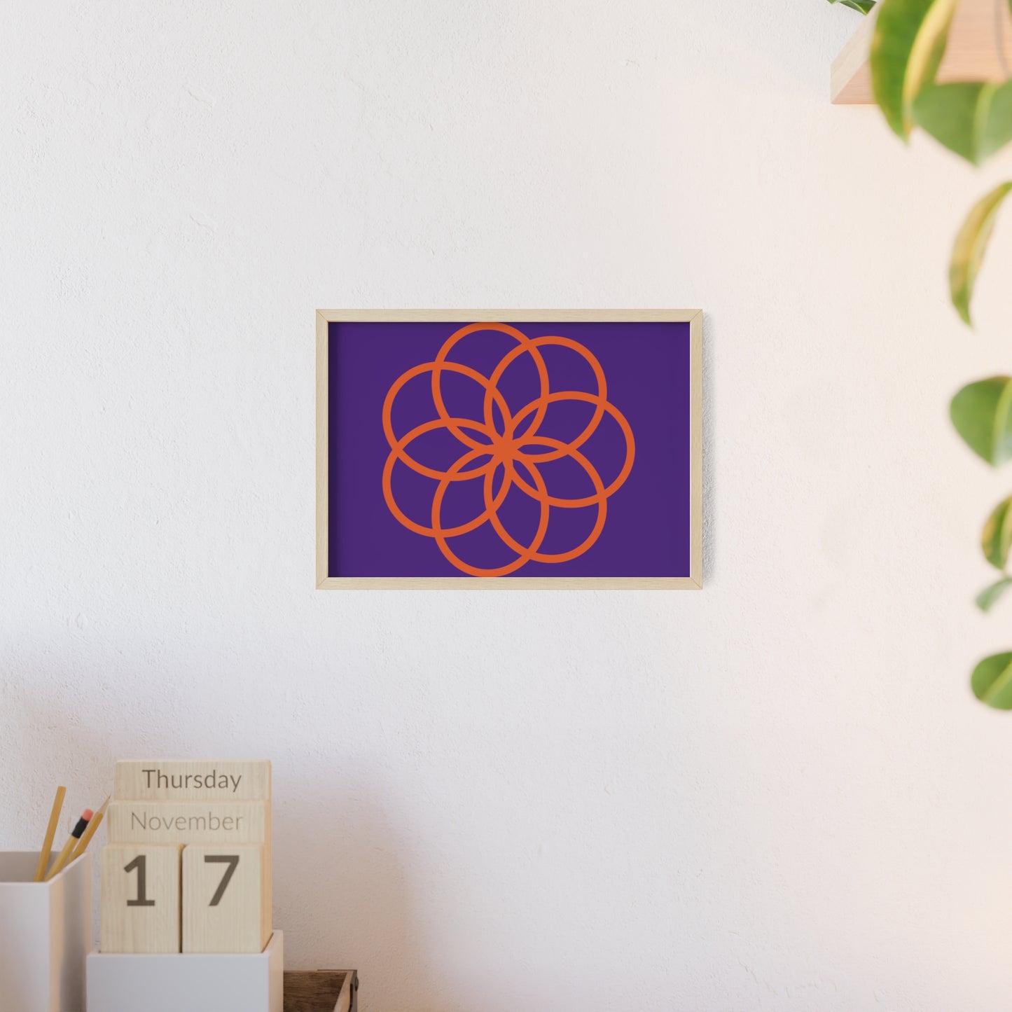 Purple and Orange Geometric Art Print with Wooden Frame