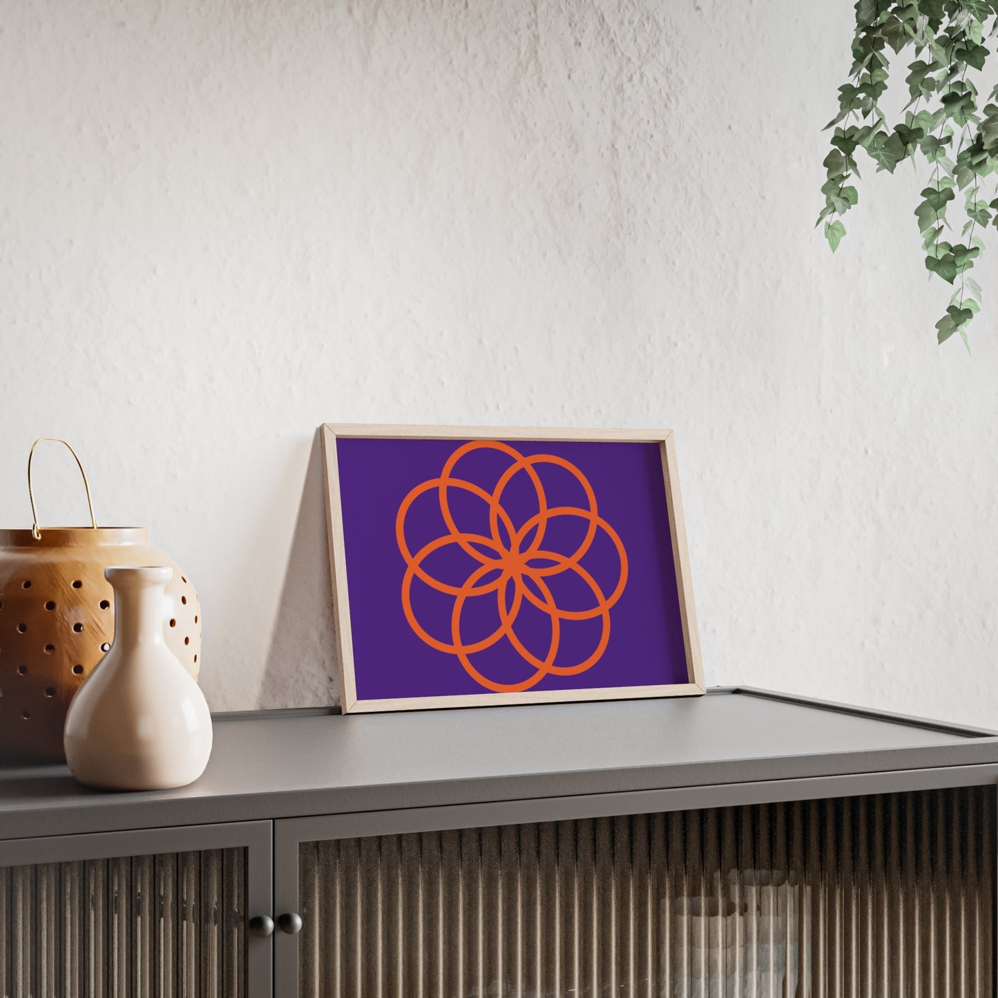 Purple and Orange Geometric Art Print with Wooden Frame