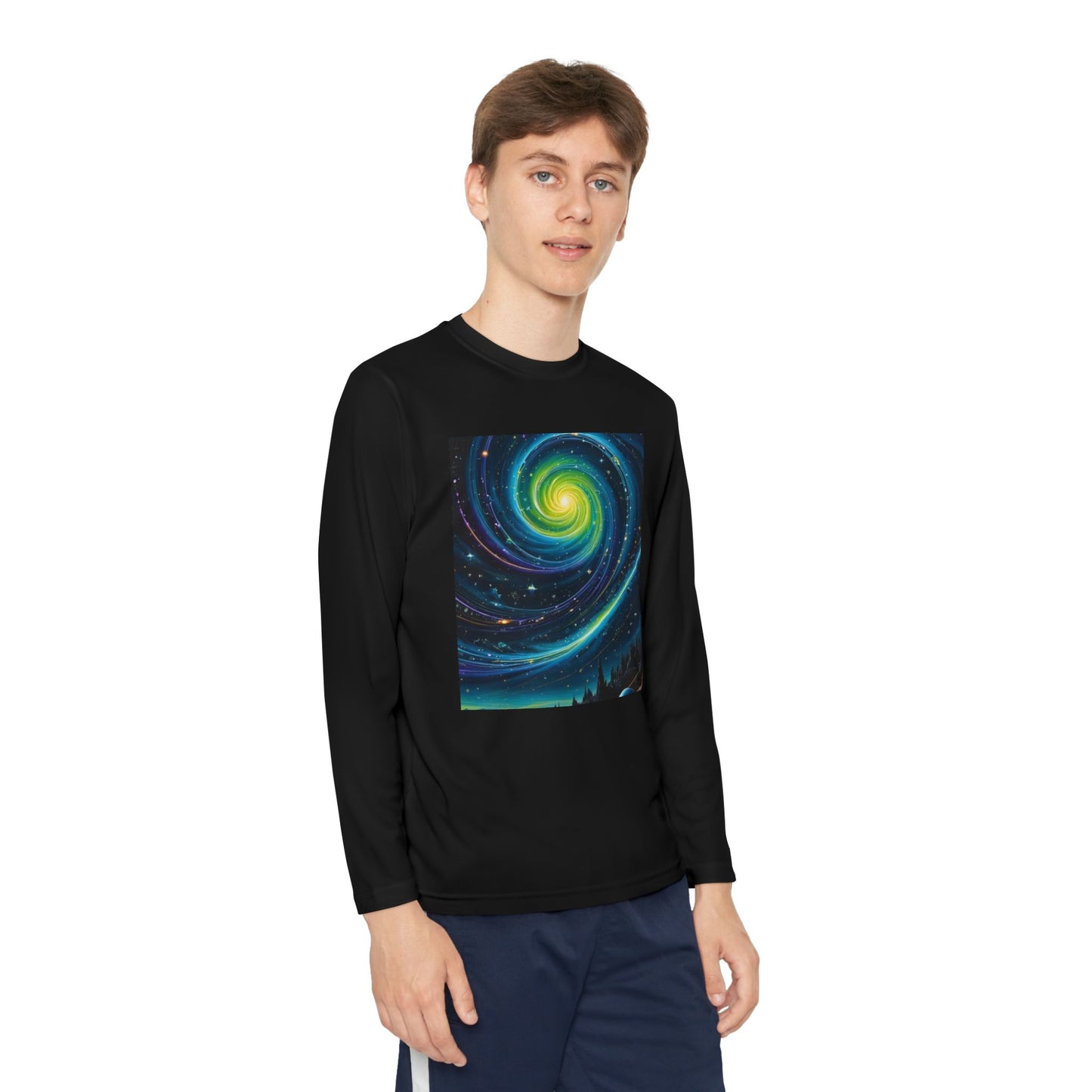 Galactic Youth Long Sleeve Tee, Cosmic Kids Shirt, Space Design Activewear, Perfect for Sports, Birthday Gift, Starry Nights