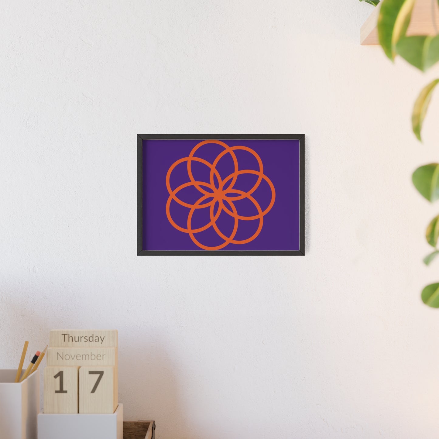 Purple and Orange Geometric Art Print with Wooden Frame