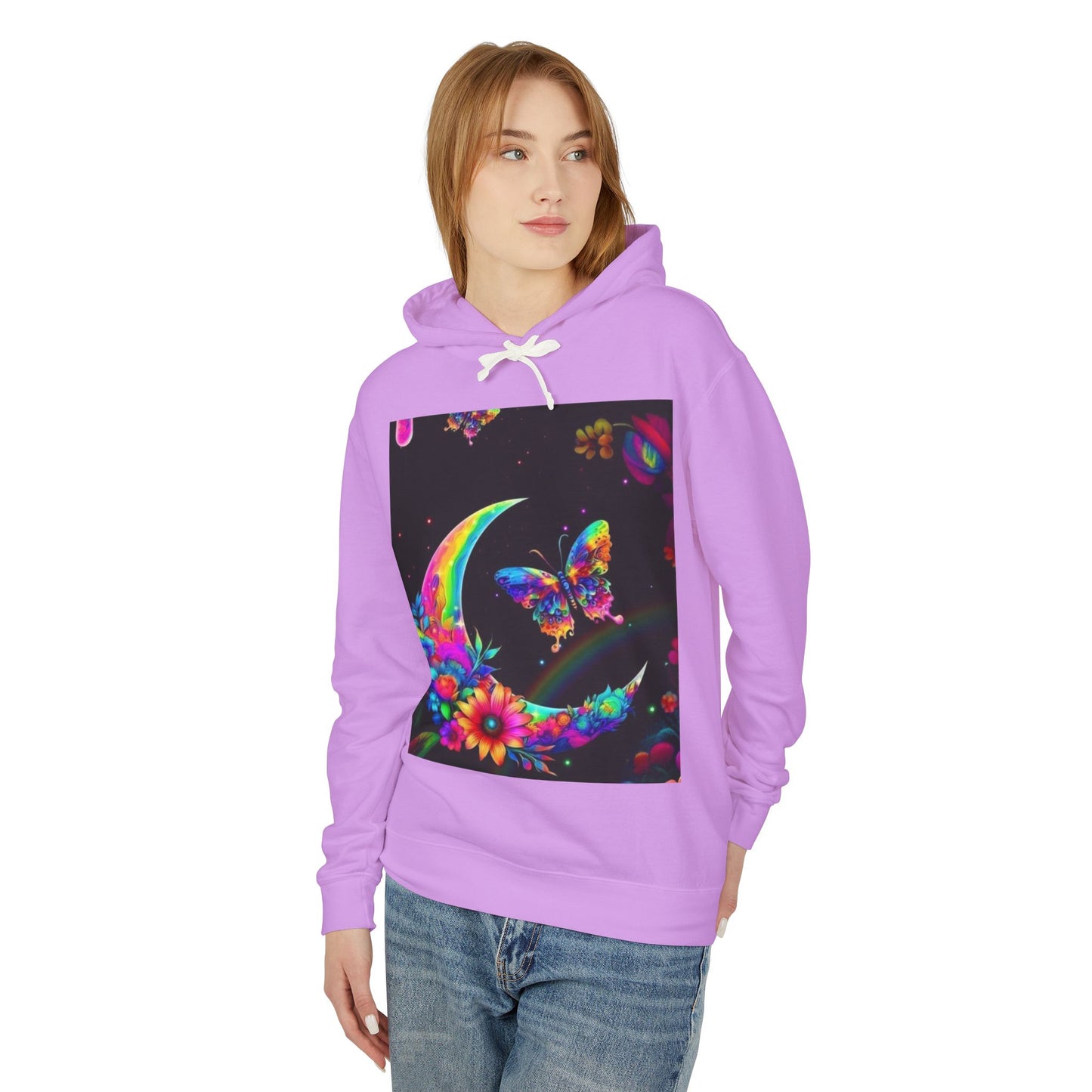 Colorful Floral Moon and Butterfly Unisex Lightweight Hoodie