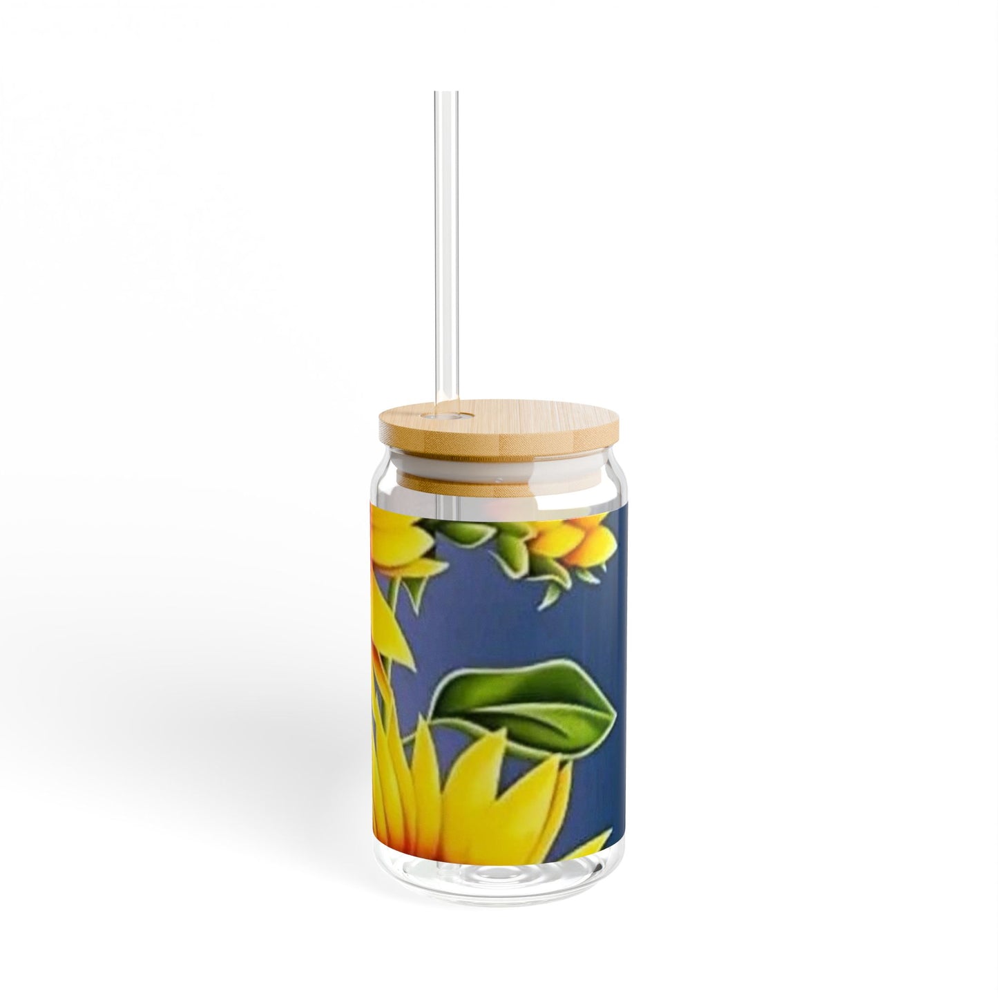 Sunflower-Themed 16oz Sipper Glass with Bamboo Lid - Eco-Friendly Drinkware