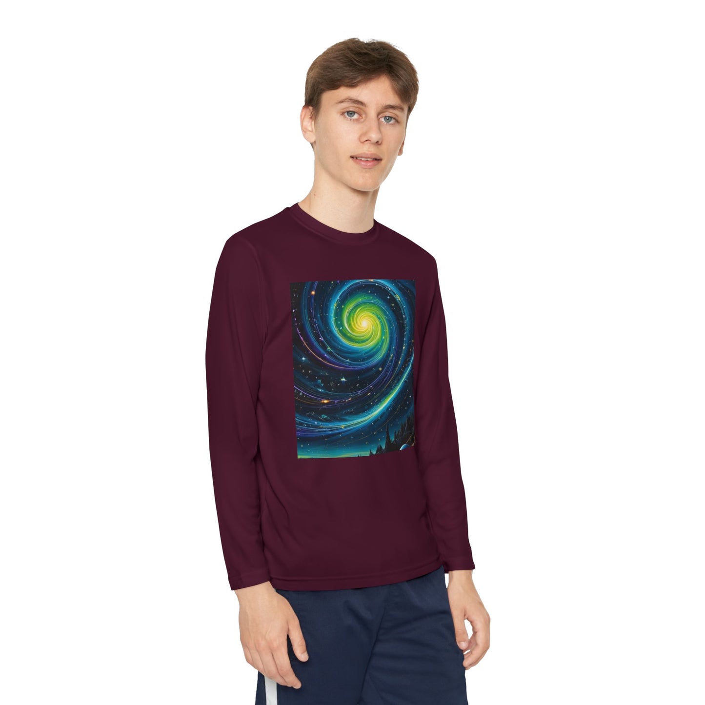 Galactic Youth Long Sleeve Tee, Cosmic Kids Shirt, Space Design Activewear, Perfect for Sports, Birthday Gift, Starry Nights