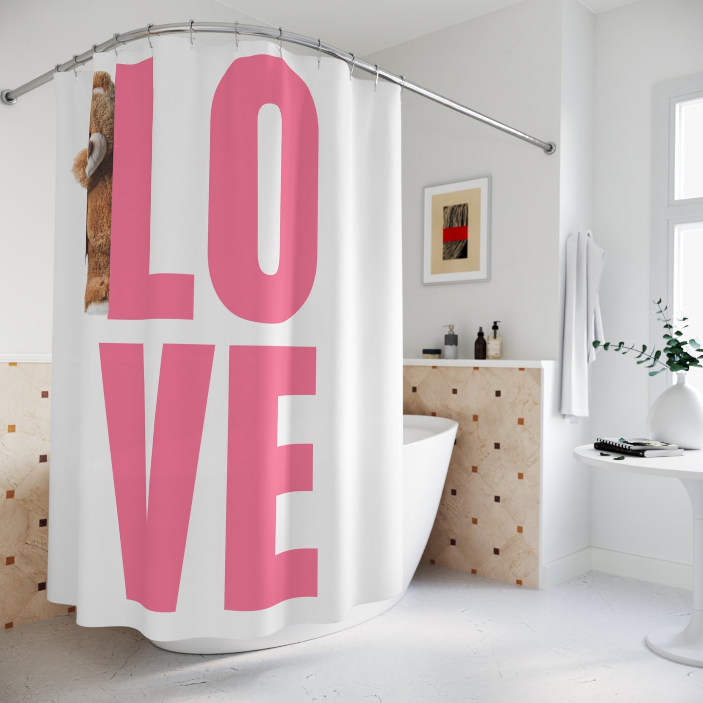 Cute Love Teddy Bear Shower Curtain - Bright Pink Design for Kids' Bathroom