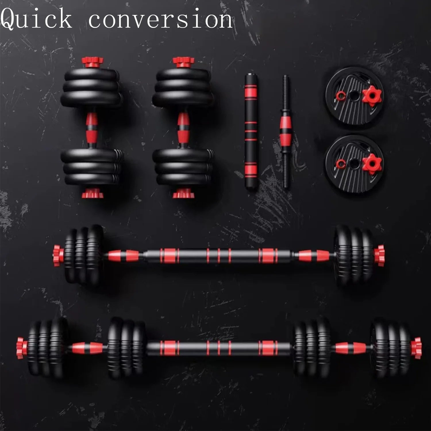 Adjustable Dumbbell Set 60 Lbs, 4-In-1 Weights Set, Barbell, Push-Up for Home Gym, Red/Black