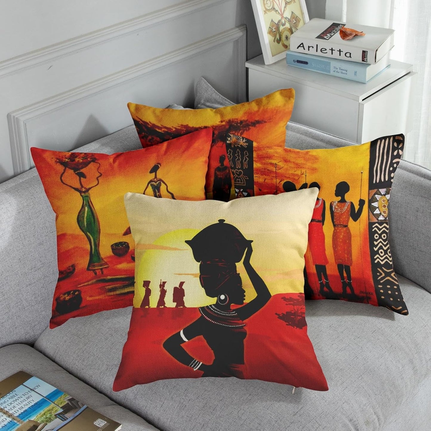 Set of 4 Linen Throw Pillow Covers Oil Painting African Ethnic Tribe Lady Livingroom Lips Decorative Pillow Cases Home Decor Square 26X26 Inches Pillowcases