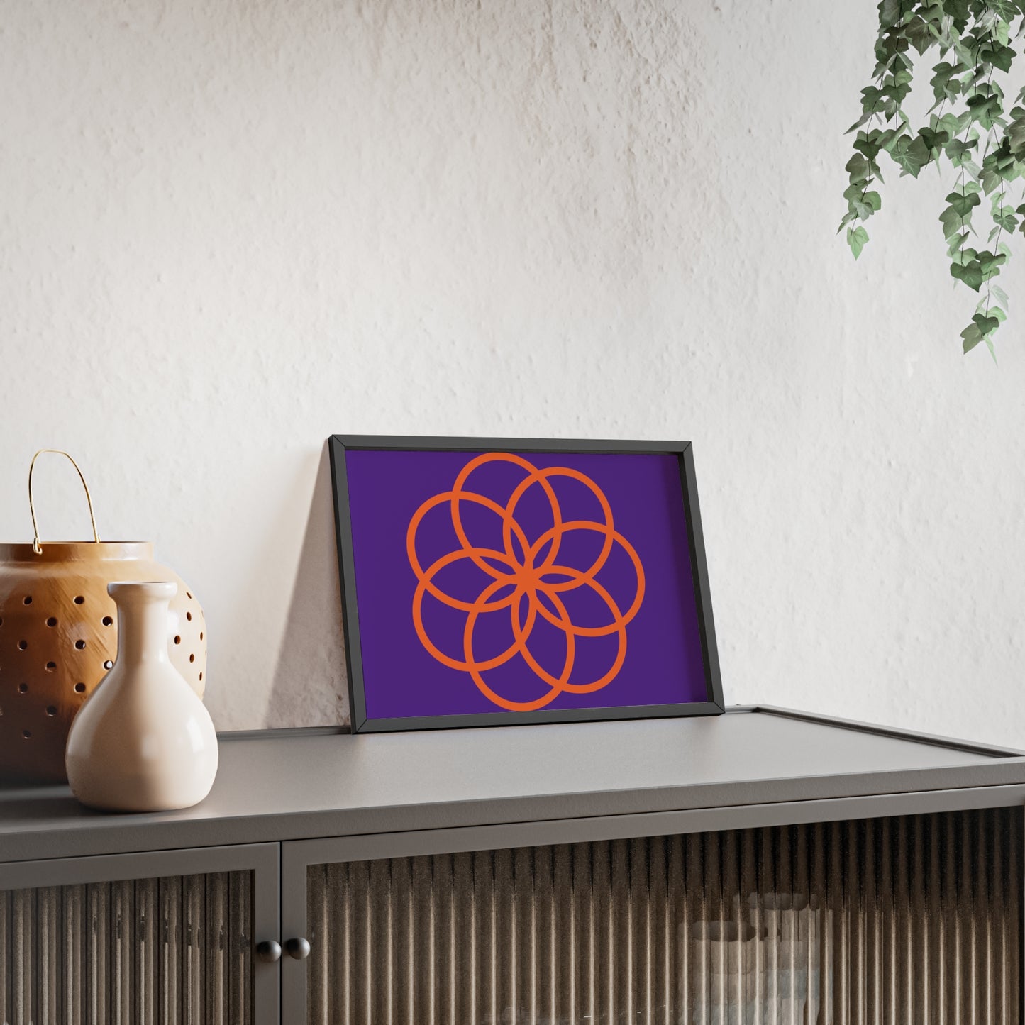 Purple and Orange Geometric Art Print with Wooden Frame