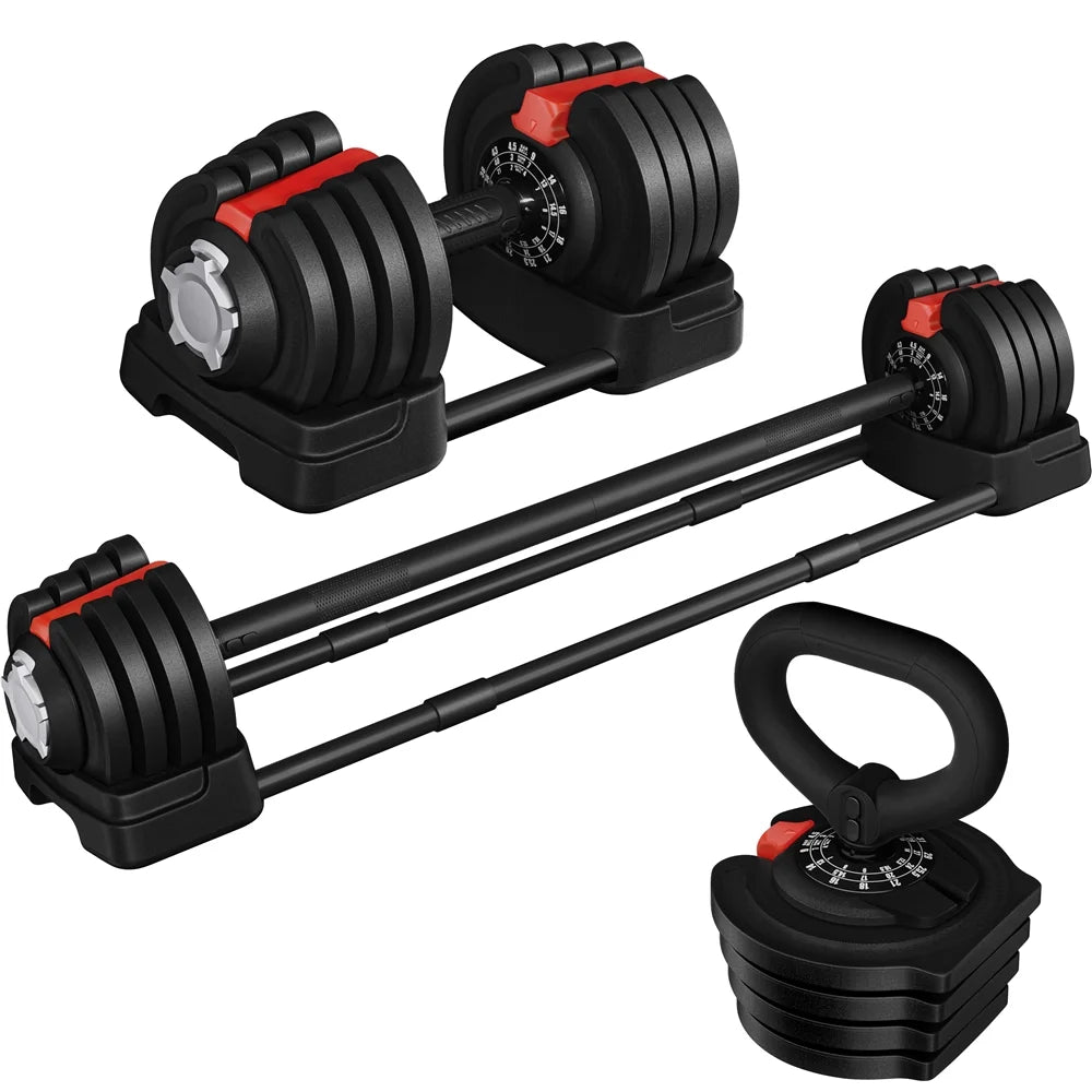 3-In-1 Quick-Adjustable Dumbbell Weight Set, Black, 46.41 Lb