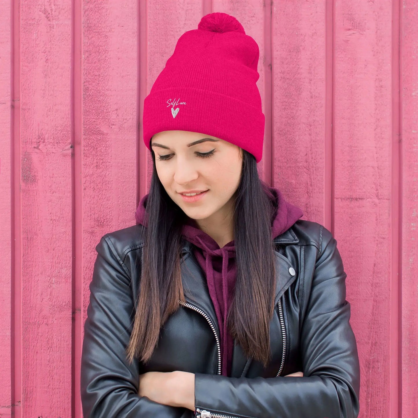 Self Love - Pom-Pom Beanie - Winter Beanie with Embroidery