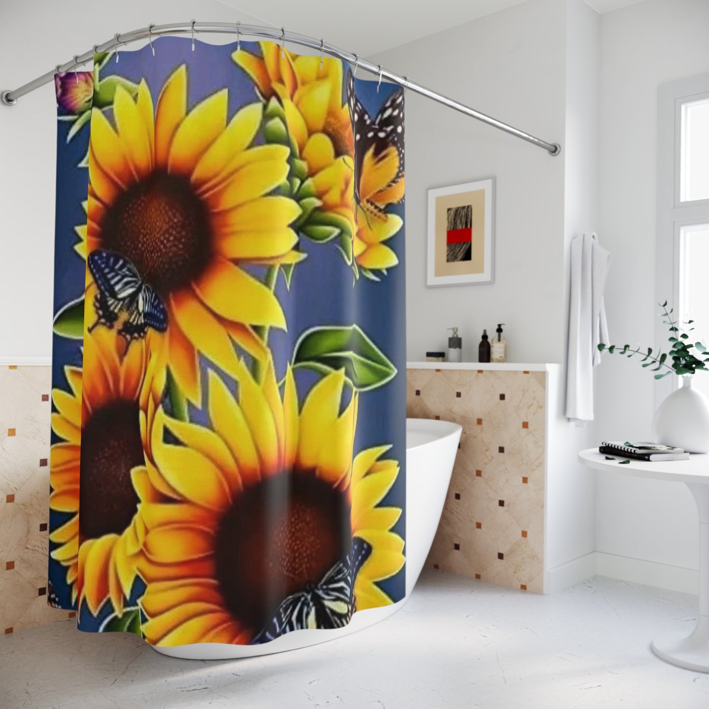 Vibrant Sunflower Shower Curtain with Butterflies - Floral Bathroom Decor