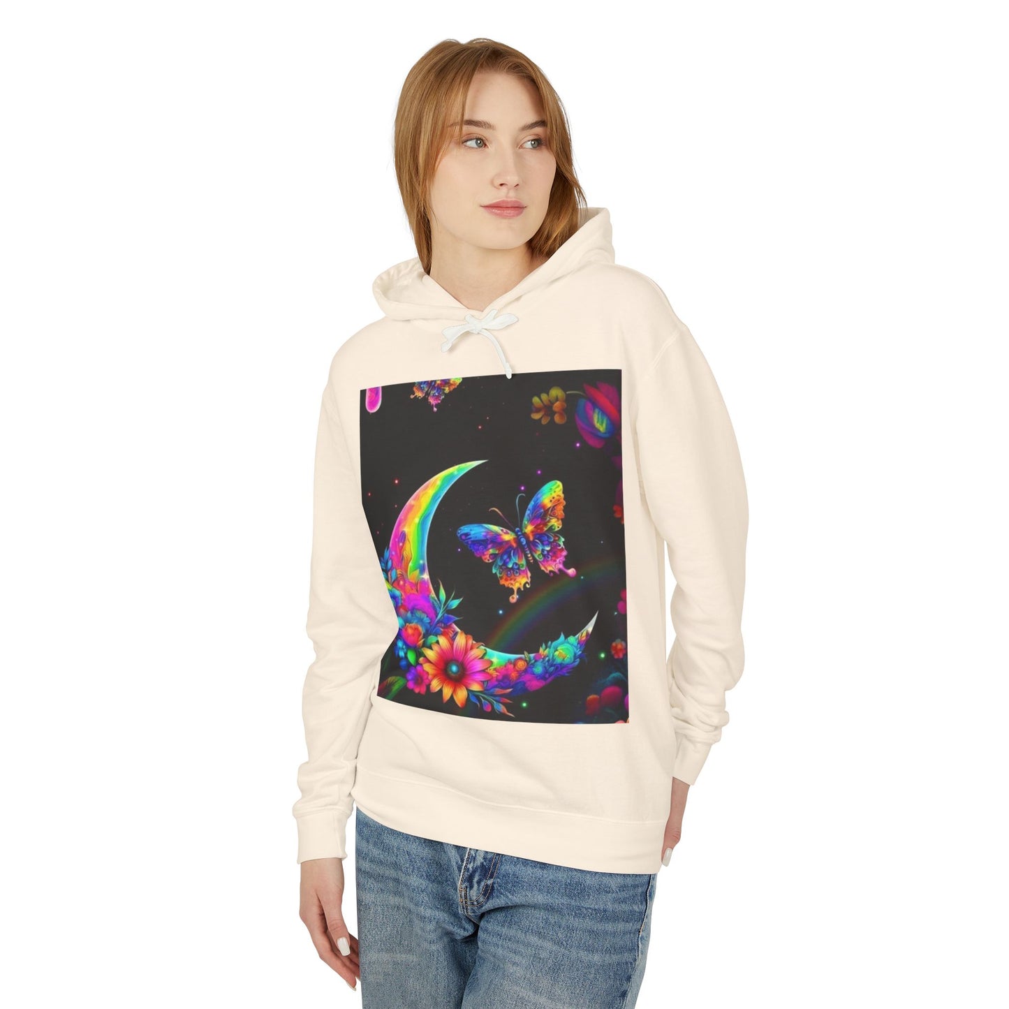 Colorful Floral Moon and Butterfly Unisex Lightweight Hoodie