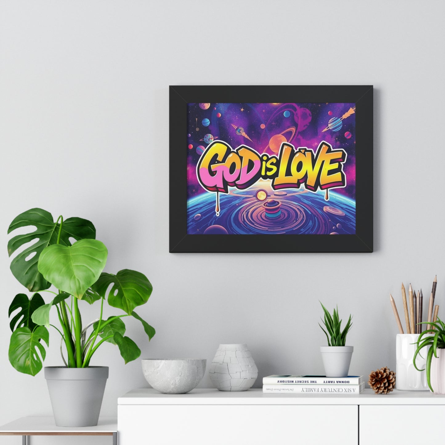 Cosmic Love Framed Horizontal Poster - "God is Love" Wall Art for Home Decor