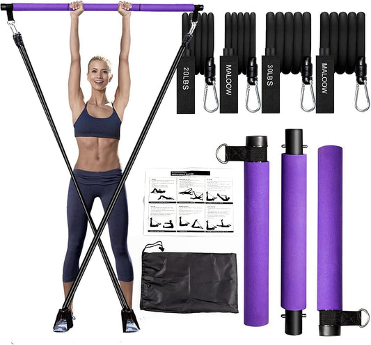 Portable Pilates Exercise Bar Kit with Adjustable Resistance Bands and Travel Bag for Use at Home, Gym, Office, or Travel, Purple