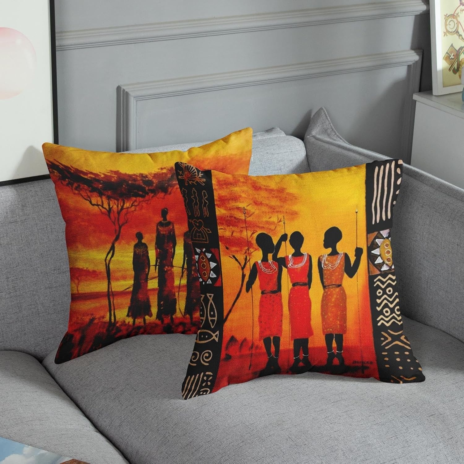 Set of 4 Linen Throw Pillow Covers Oil Painting African Ethnic Tribe Lady Livingroom Lips Decorative Pillow Cases Home Decor Square 26X26 Inches Pillowcases