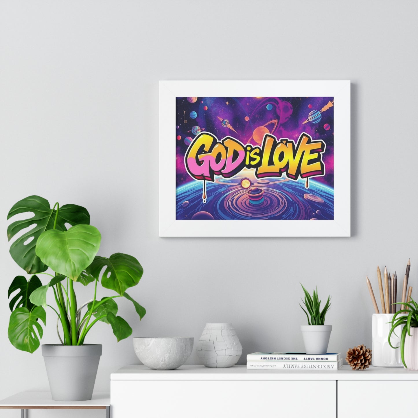 Cosmic Love Framed Horizontal Poster - "God is Love" Wall Art for Home Decor