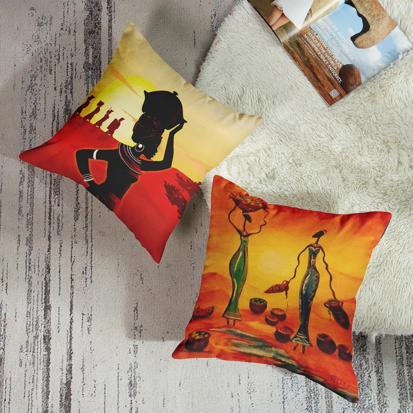 Set of 4 Linen Throw Pillow Covers Oil Painting African Ethnic Tribe Lady Livingroom Lips Decorative Pillow Cases Home Decor Square 26X26 Inches Pillowcases