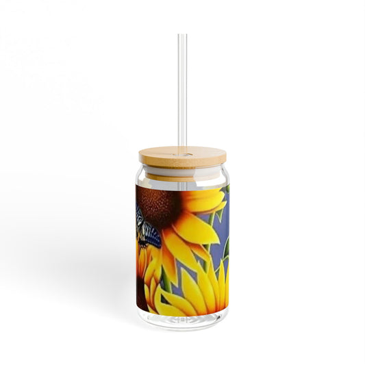 Sunflower-Themed 16oz Sipper Glass with Bamboo Lid - Eco-Friendly Drinkware