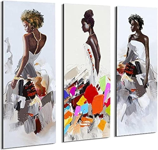 Art Framed African American Black Art Dancing Black Women in Dress Wall Art Painting on Canvas Pirnt Wall Picture for Home Accent Living Room Wall Decor (8 X 24 Inch, SET of ABC)…