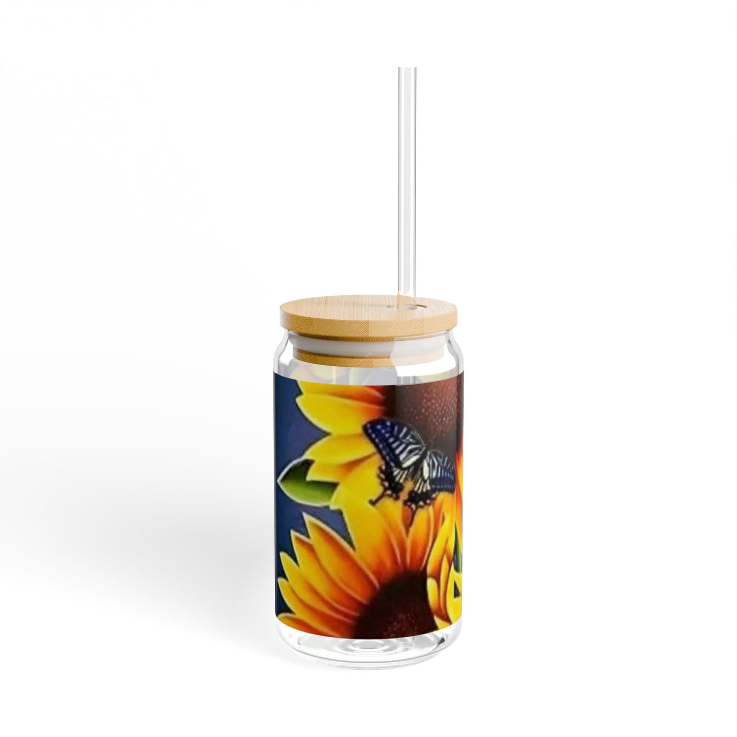 Sunflower-Themed 16oz Sipper Glass with Bamboo Lid - Eco-Friendly Drinkware