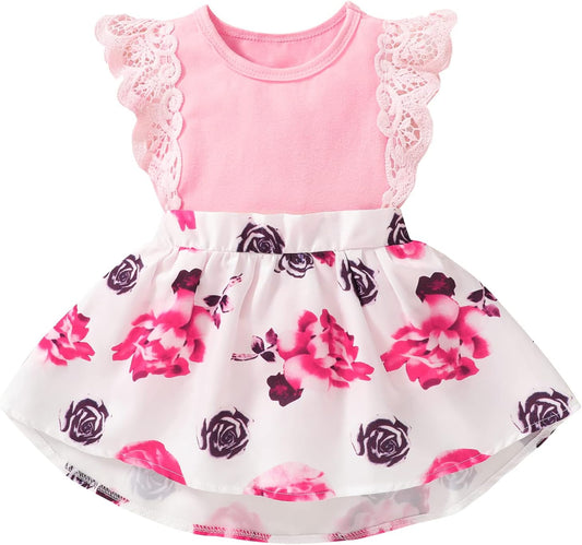 Newborn Infant Baby Girls Dress Floral Flutter Lace Sleeve Dresses Ruffle Romper Skirts Summer Clothes