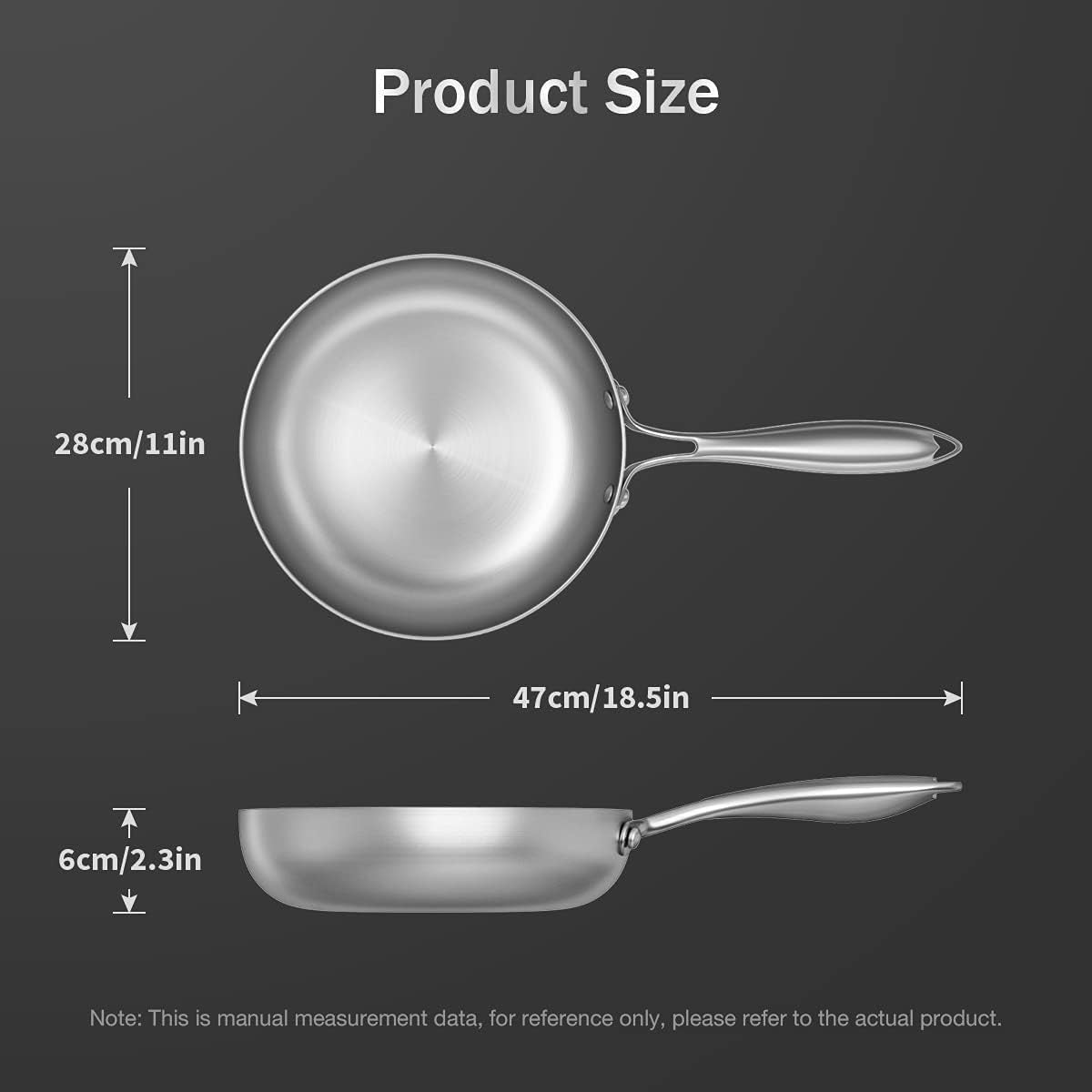 Stainless Steel Frying Pan 11 Inch Fry Pan Skillet Cooking Pan Tri-Ply Compatible with Induction Gas Ceramic Electric Stoves, Oven Resistant, Dishwasher Safe(28Cm)