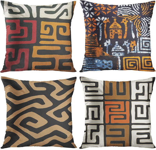 Set of 4 Throw Pillow Covers Orange Tribal Kuba Inspired Earth Colors Geometric Ethnic Black Brown Mud African Decorative Pillow Cases Home Decor Square 24X24 Inches Pillowcases