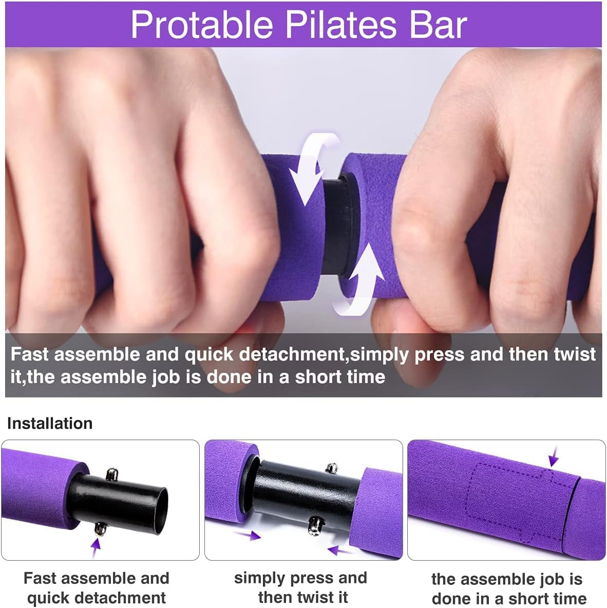 Portable Pilates Exercise Bar Kit with Adjustable Resistance Bands and Travel Bag for Use at Home, Gym, Office, or Travel, Purple