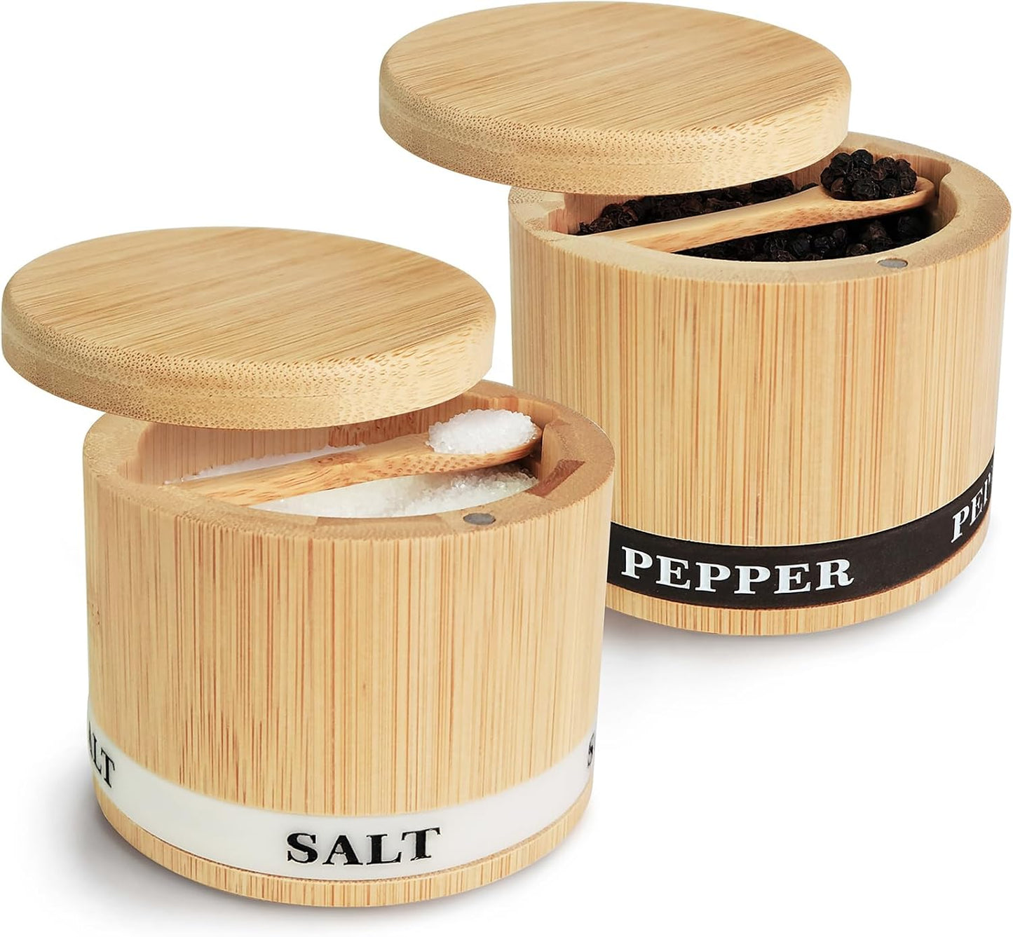 Salt Box 2Pcs Spice Cellar with Swivel Lid and Spoons Small Bamboo Pepper and Salt Containers with Salt Pepper Labels,Dual 8 Oz Capacity Holder for Seasoning and Small Items