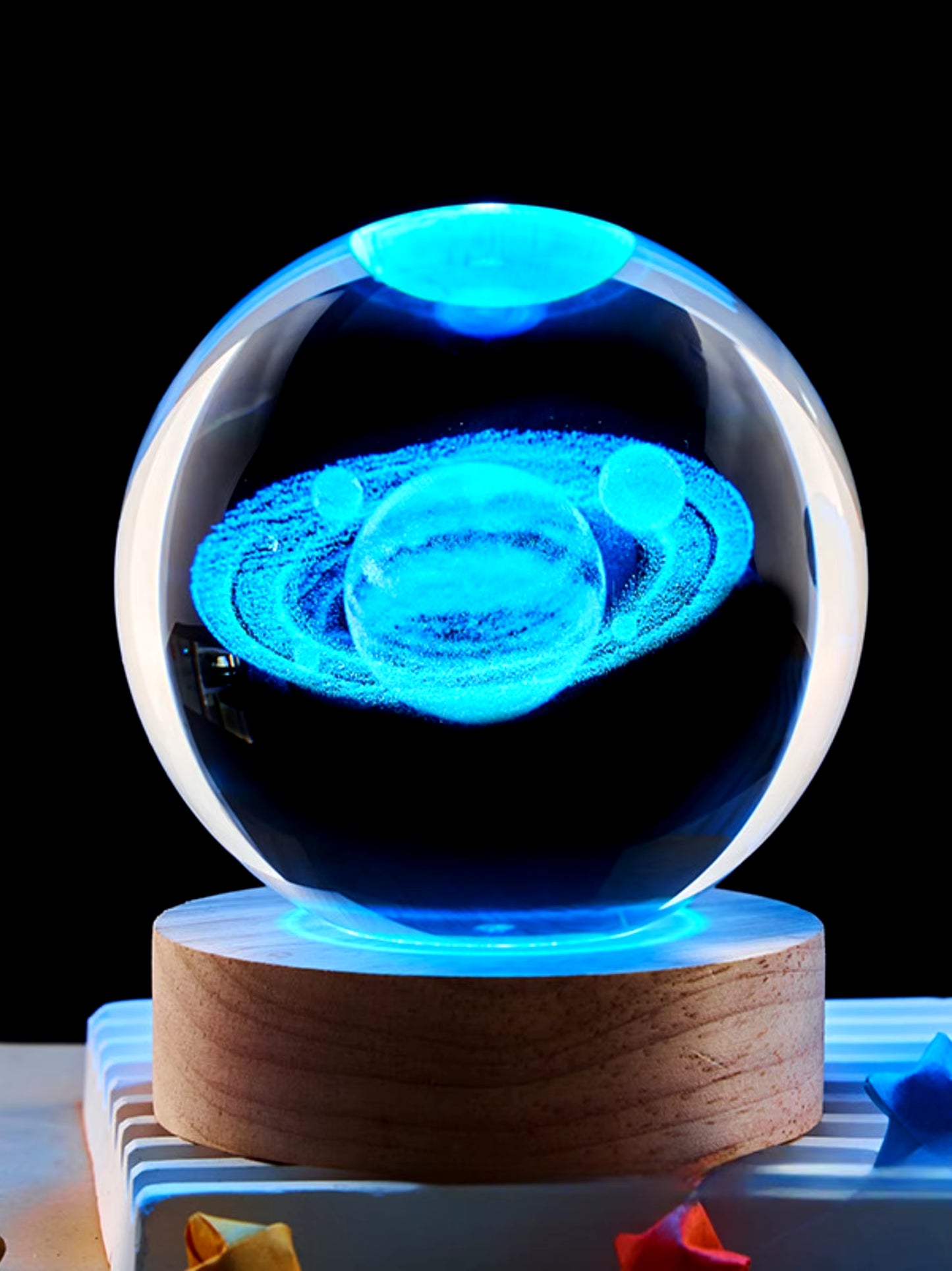 1Pc Saturn Crystal Ball Decoration Night Light, Wooden Base, USB Port, Bedroom Atmosphere Decoration, Holiday Gift Table Light.