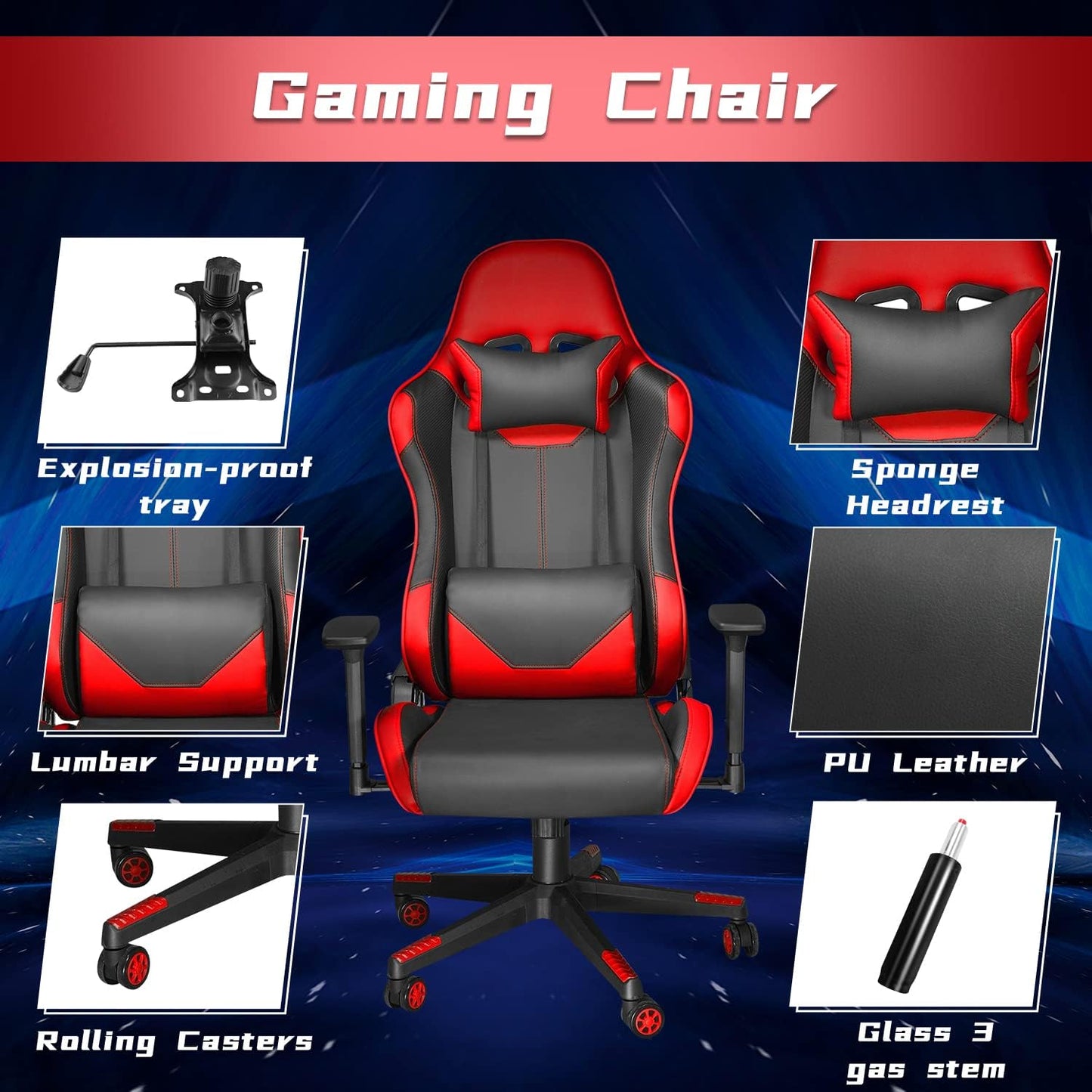 Ergonomic High Back Gaming Chair 400Lbs, Office Chair Computer Chair with Headrest Lumbar Support, Video Gaming Chair for Teens with Adjustable Armrest（Red）