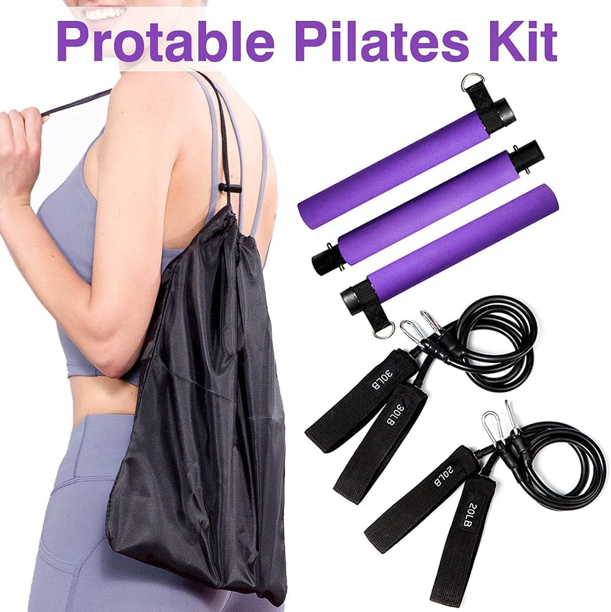 Portable Pilates Exercise Bar Kit with Adjustable Resistance Bands and Travel Bag for Use at Home, Gym, Office, or Travel, Purple