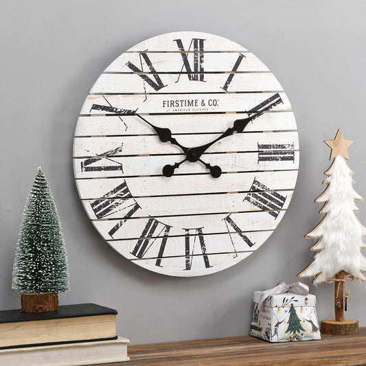 White Farmhouse Shiplap Wall Clock, Large Vintage Decor for Living Room, Home Office, Round, Wood, Boho, 18 Inches