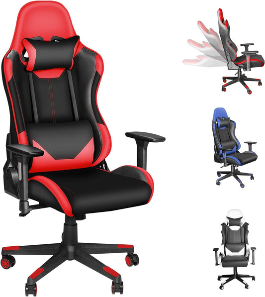 Ergonomic High Back Gaming Chair 400Lbs, Office Chair Computer Chair with Headrest Lumbar Support, Video Gaming Chair for Teens with Adjustable Armrest（Red）