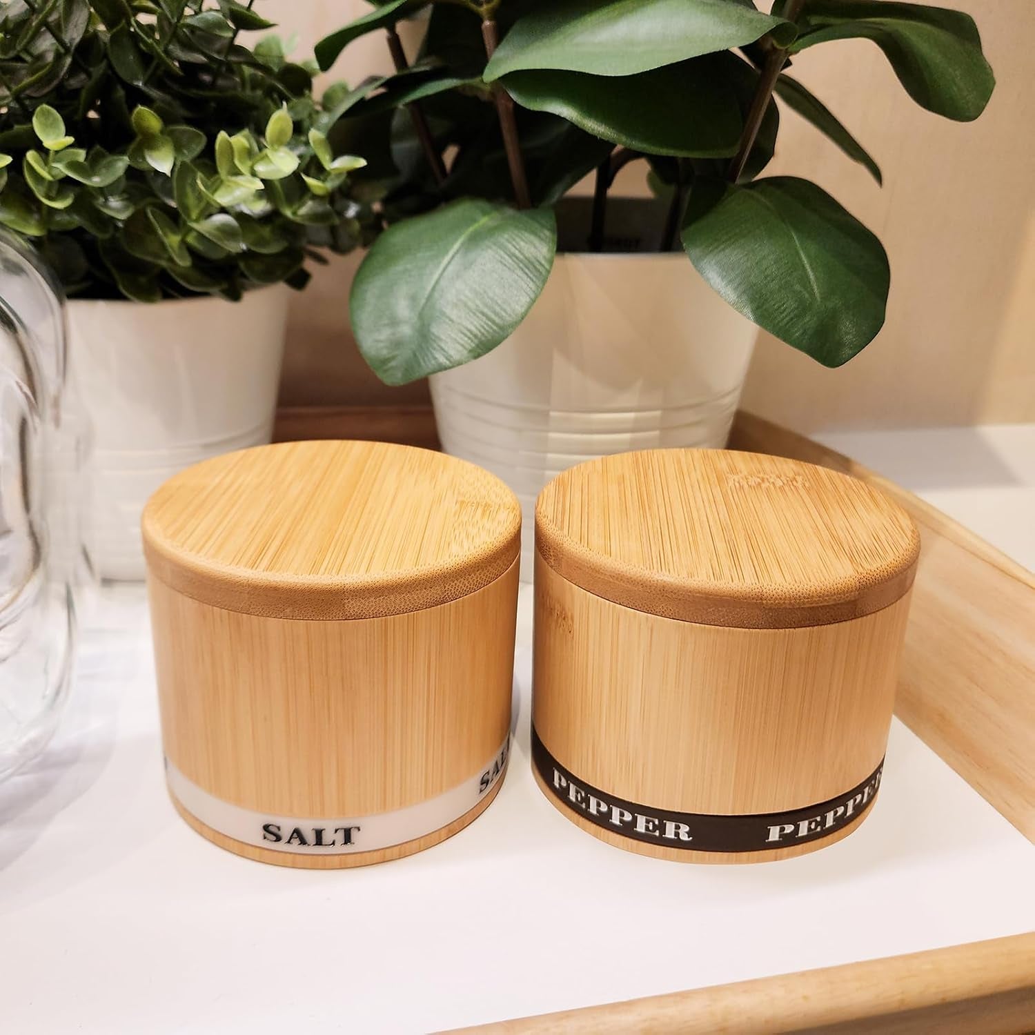 Salt Box 2Pcs Spice Cellar with Swivel Lid and Spoons Small Bamboo Pepper and Salt Containers with Salt Pepper Labels,Dual 8 Oz Capacity Holder for Seasoning and Small Items