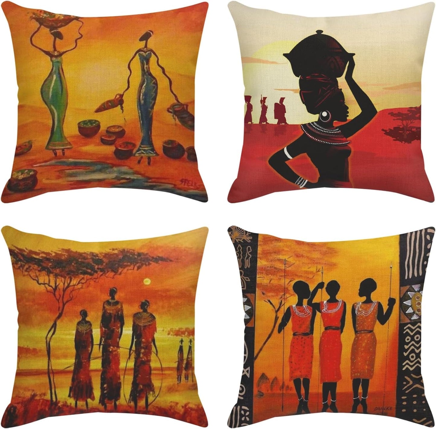 Set of 4 Linen Throw Pillow Covers Oil Painting African Ethnic Tribe Lady Livingroom Lips Decorative Pillow Cases Home Decor Square 26X26 Inches Pillowcases