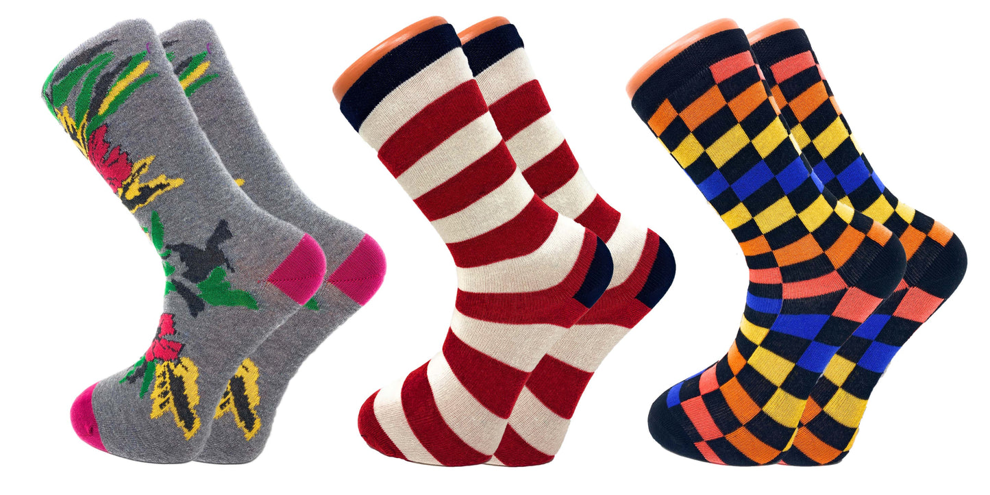 3 Pairs Colorful Fun Crazy Crew Dress Socks – Soft Cotton Blend, Novelty Pattern Socks for Men & Women