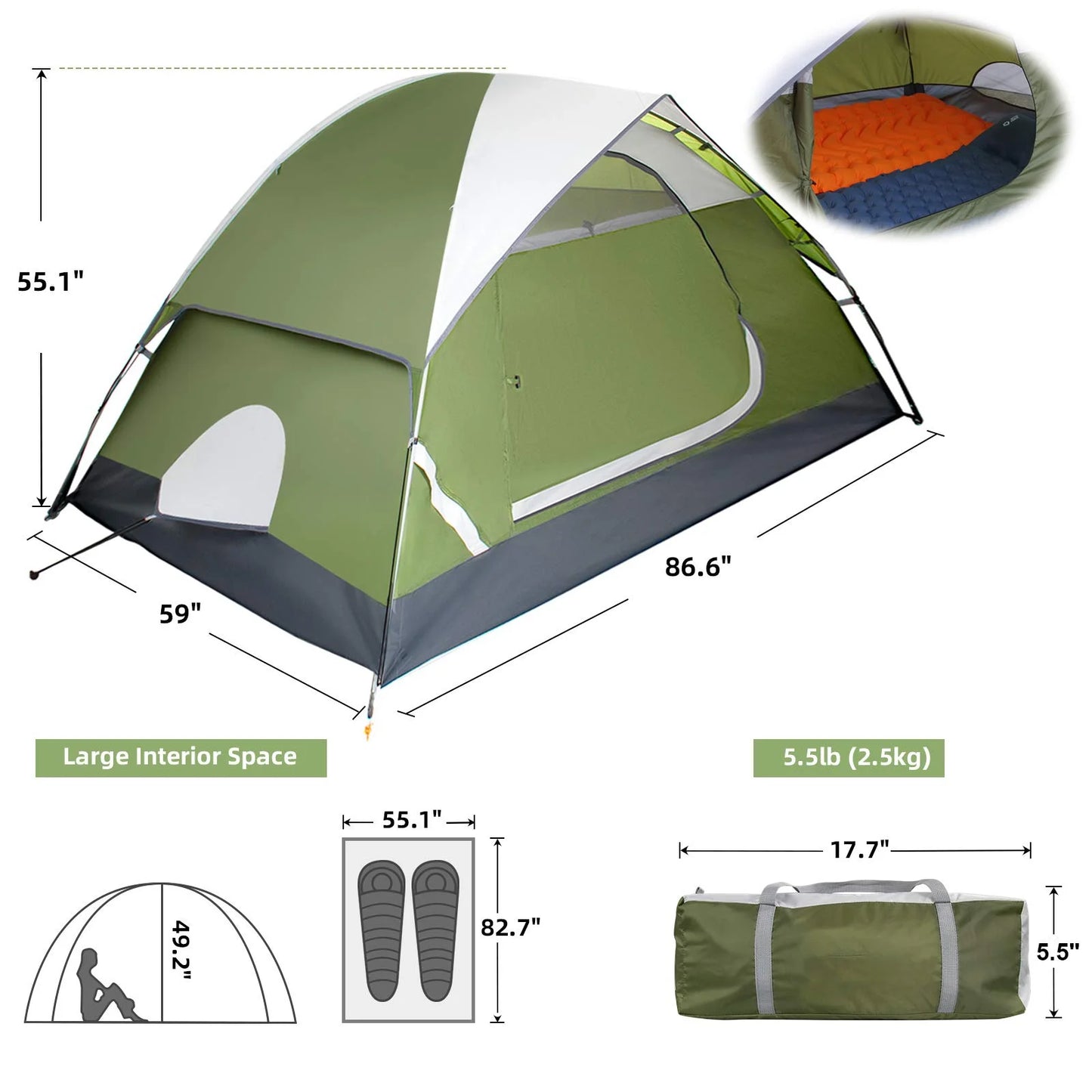 2 Person Tents for Camping - Waterproof Lightweight Outdoor Camping Tents 5 Lb